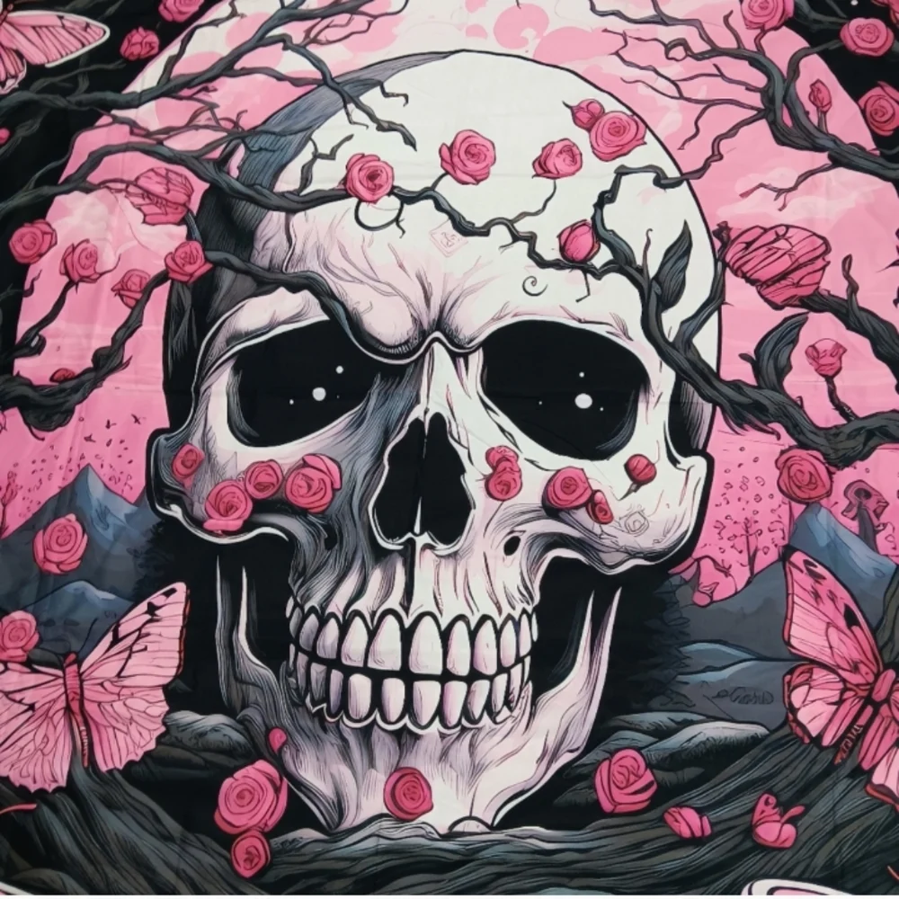 NWOT Pink and Black Floral Butterfly Whimsigoth Skull Tapestry 60